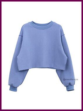 Fleece Lined Cropped Sweatshirt Raw Cut Crewneck Long Sleeve Women's